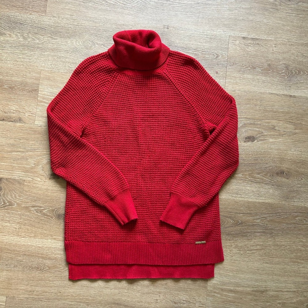Michael Kors Womens Red Waffle Knit Turtleneck Sweater Raglan Sleeve Small